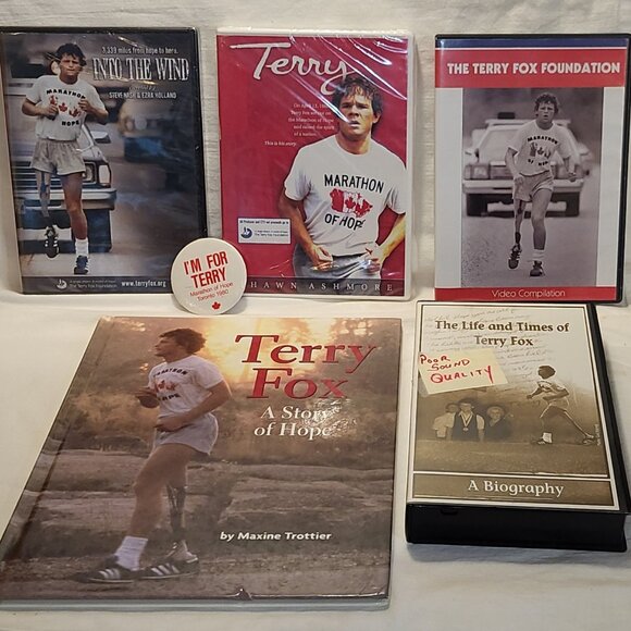Terry Fox 2 New + Open DVDs - HC Book / Button / VHS Video - Picture 1 of 14